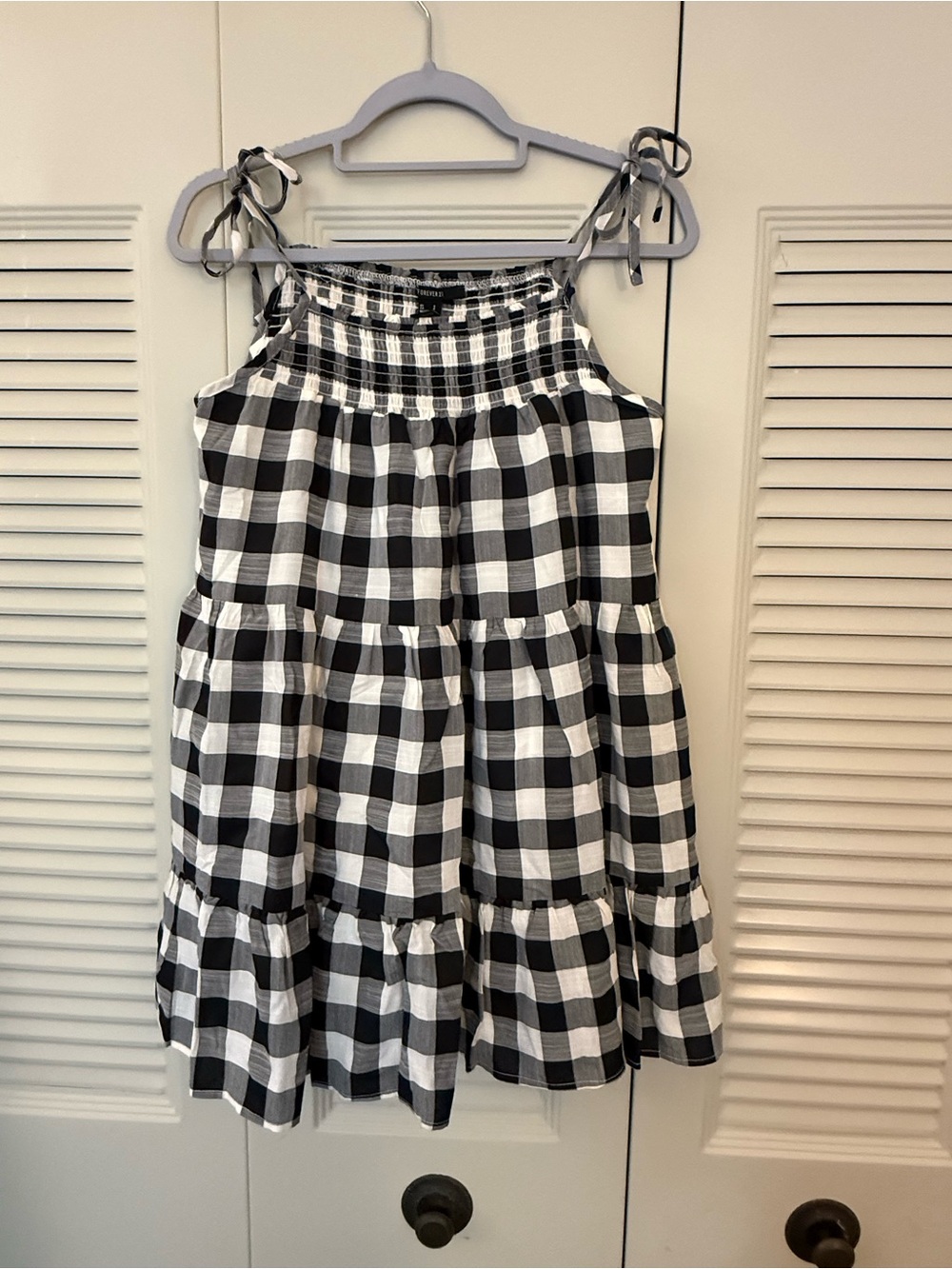 Girls Black & White Gingham Tie-Shoulder Dress